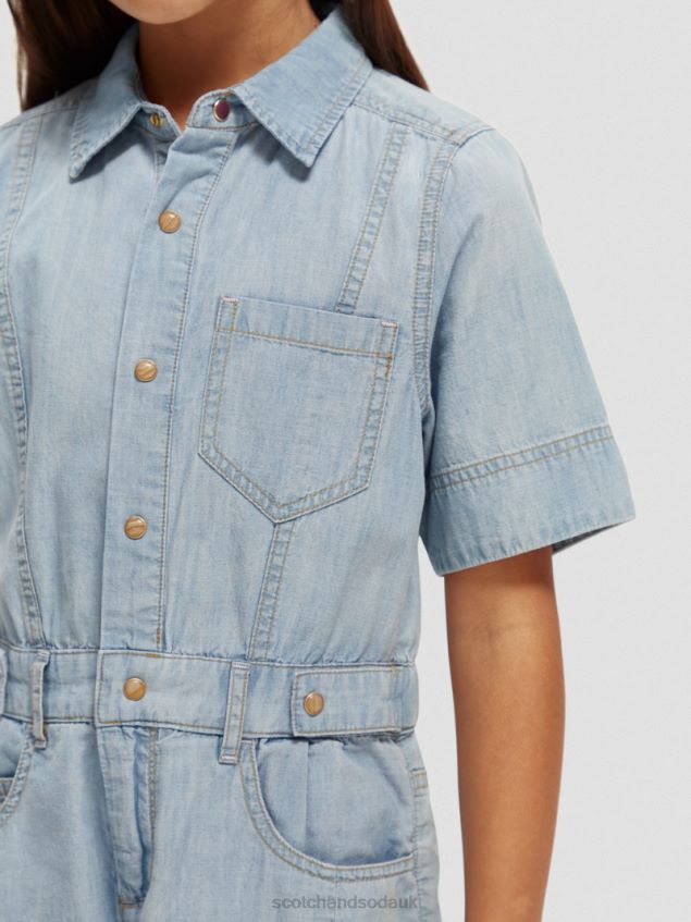 Scotch & Soda Kids Lightweight Chambray Denim Playsuit LP48HB727 Clothing Washed Indigo