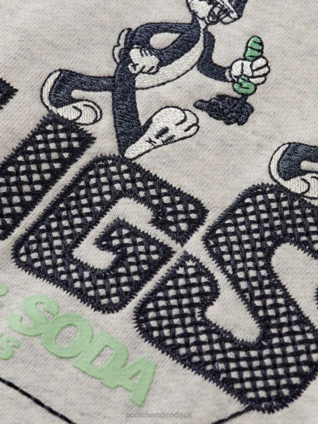 Scotch & Soda Kids Looney Tunes Embroidered Organic Cotton Hoodie LP48HB754 Clothing Off White Melange