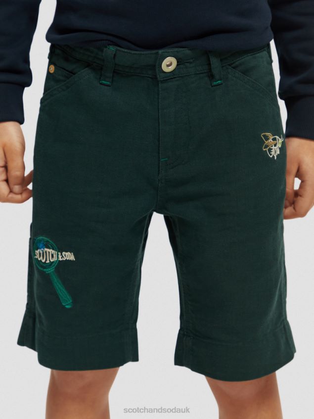 Scotch & Soda Kids Embroidered Artwork Linen-Blended Shorts LP48HB807 Clothing Forest