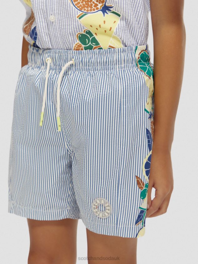 Scotch & Soda Kids Mid-Length Printed Pinstripe Swim Shorts LP48HB813 Clothing Seersucker Stripe