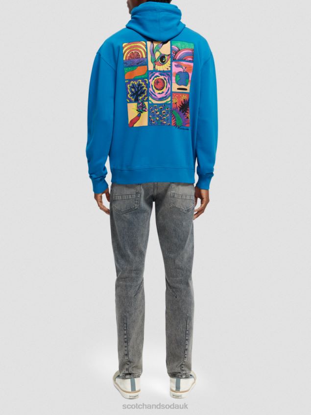 Scotch & Soda Men Relaxed Fit Artwork Organic Cotton Hoodie LP48HB526 Clothing Iris Blue
