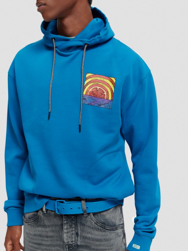 Scotch & Soda Men Relaxed Fit Artwork Organic Cotton Hoodie LP48HB526 Clothing Iris Blue