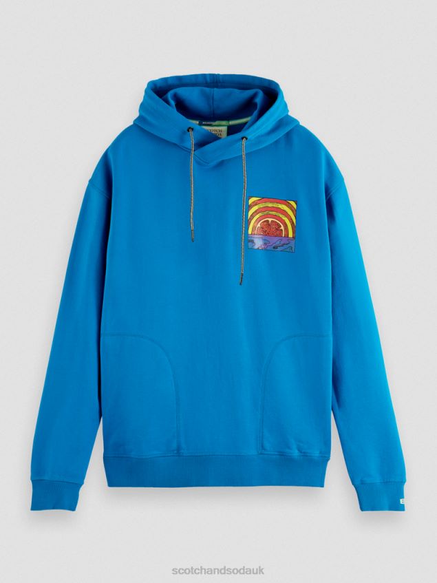 Scotch & Soda Men Relaxed Fit Artwork Organic Cotton Hoodie LP48HB526 Clothing Iris Blue