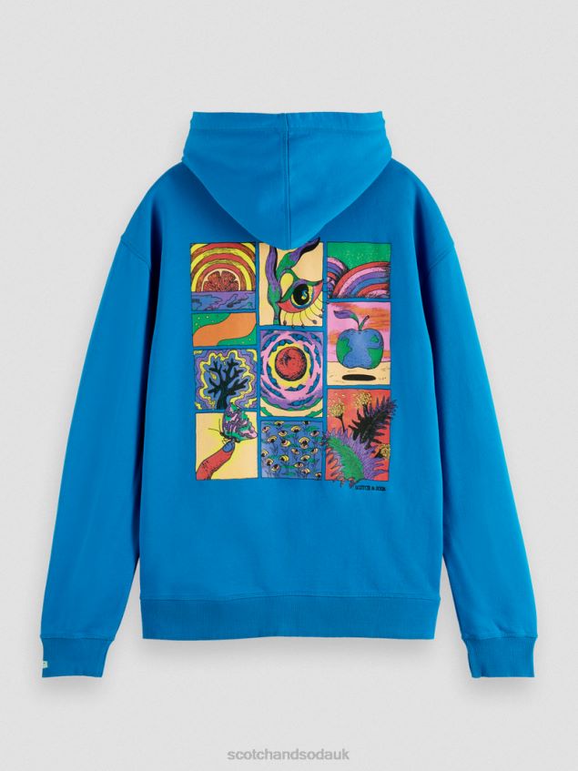 Scotch & Soda Men Relaxed Fit Artwork Organic Cotton Hoodie LP48HB526 Clothing Iris Blue