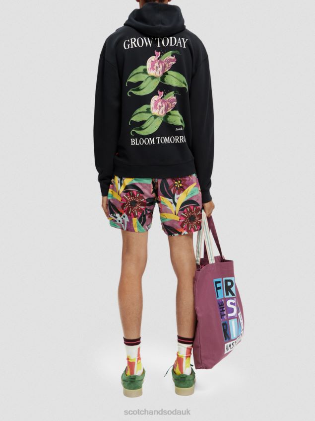 Scotch & Soda Men Relaxed Fit Artwork Organic Cotton Hoodie LP48HB527 Clothing Black