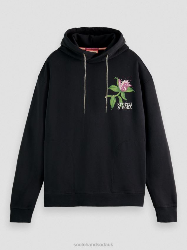 Scotch & Soda Men Relaxed Fit Artwork Organic Cotton Hoodie LP48HB527 Clothing Black