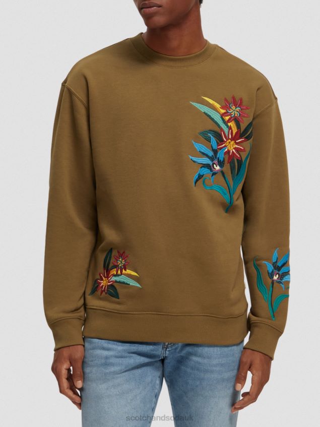 Scotch & Soda Men Relaxed Fit Embroidered Crewneck Sweatshirt LP48HB506 Clothing Khaki