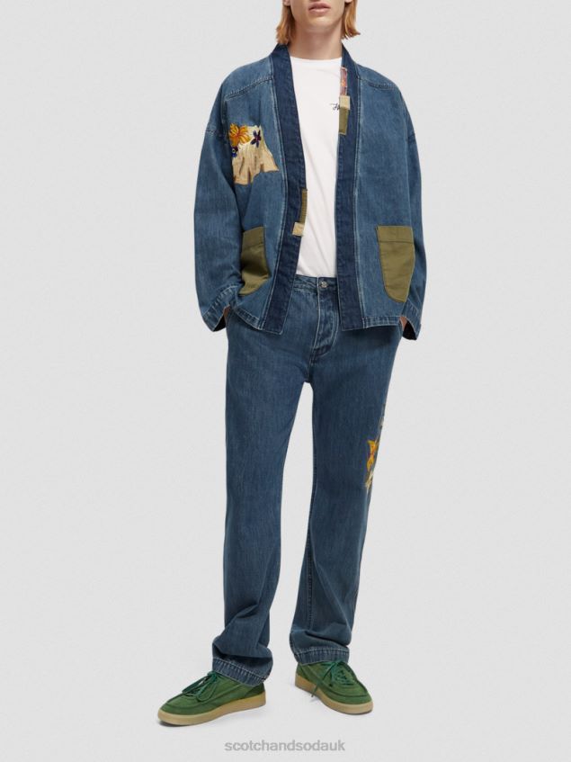 Scotch & Soda Men Embroidered Denim Kimono Jacket LP48HB558 Clothing Washed Indigo