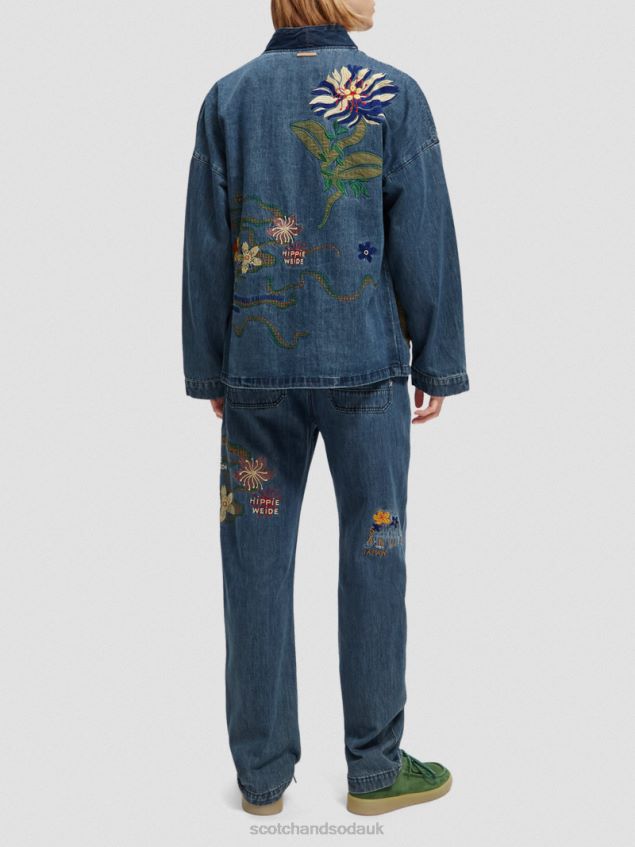 Scotch & Soda Men Embroidered Denim Kimono Jacket LP48HB558 Clothing Washed Indigo