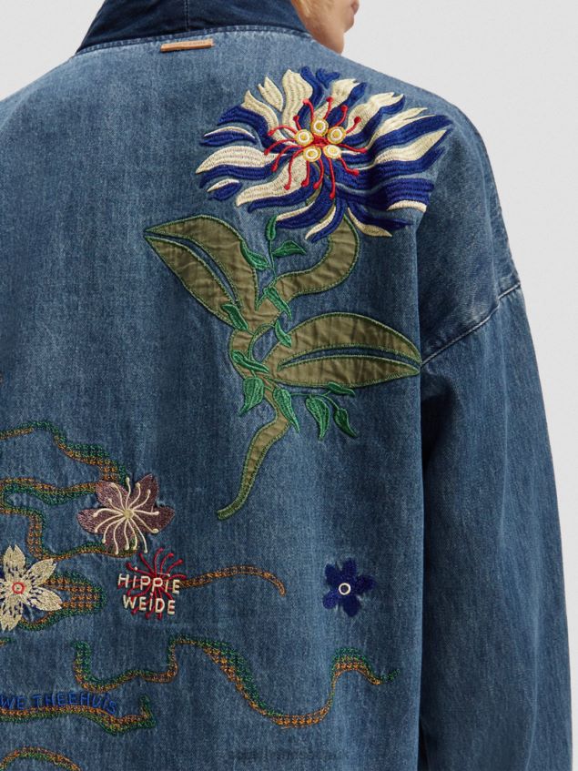 Scotch & Soda Men Embroidered Denim Kimono Jacket LP48HB558 Clothing Washed Indigo