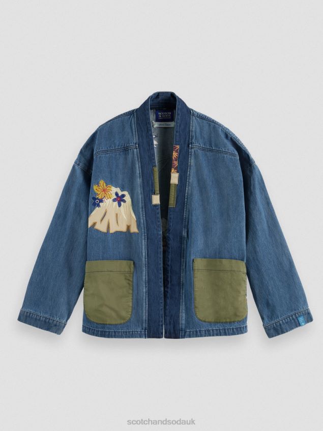Scotch & Soda Men Embroidered Denim Kimono Jacket LP48HB558 Clothing Washed Indigo