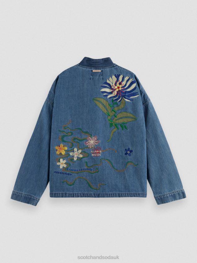 Scotch & Soda Men Embroidered Denim Kimono Jacket LP48HB558 Clothing Washed Indigo