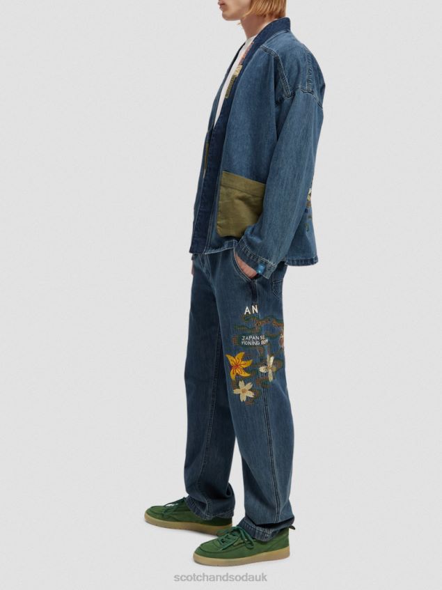 Scotch & Soda Men Embroidered Denim Kimono Jacket LP48HB558 Clothing Washed Indigo