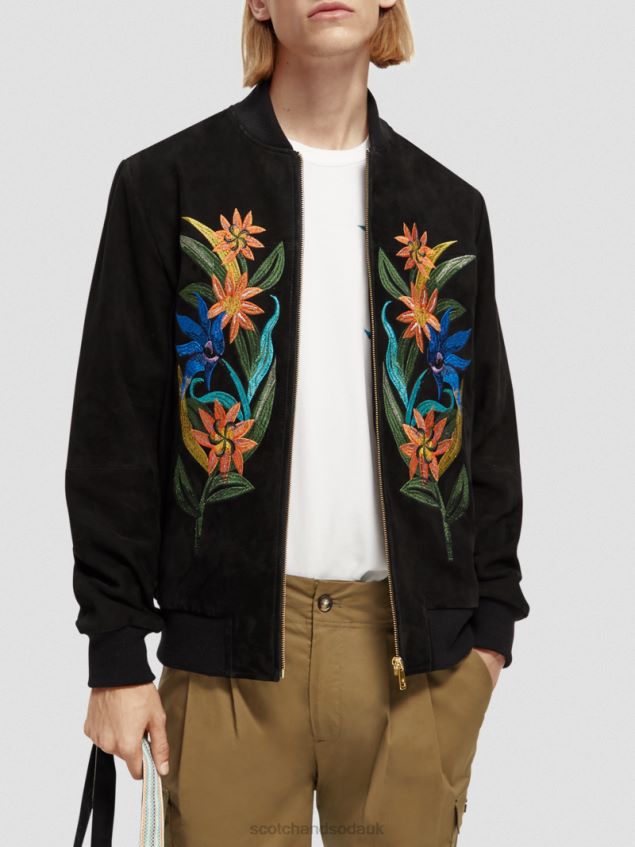 Scotch & Soda Men Embroidered Suede Bomber Jacket LP48HB563 Clothing Black