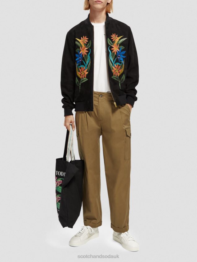 Scotch & Soda Men Embroidered Suede Bomber Jacket LP48HB563 Clothing Black