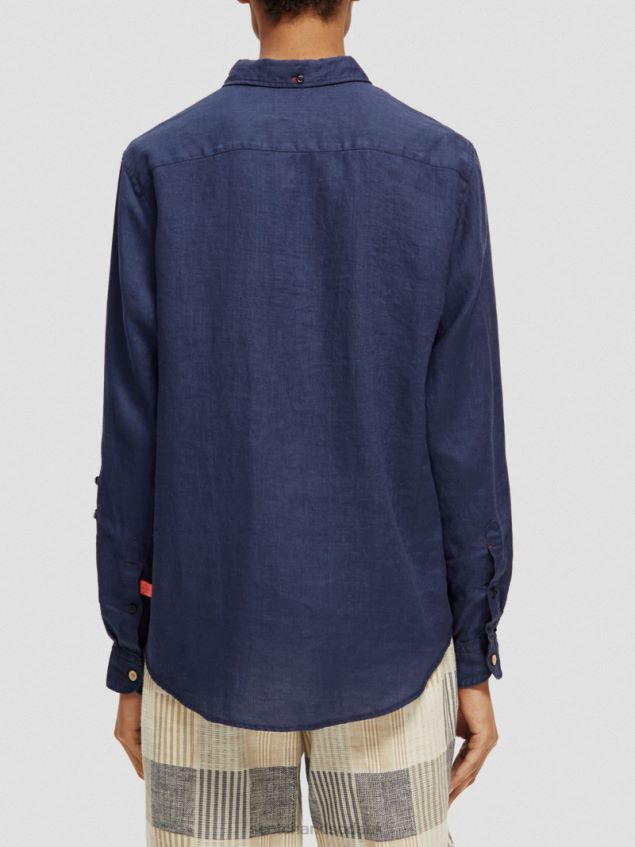 Scotch & Soda Men Linen Shirt With Sleeve Adjustments LP48HB289 Clothing Marine