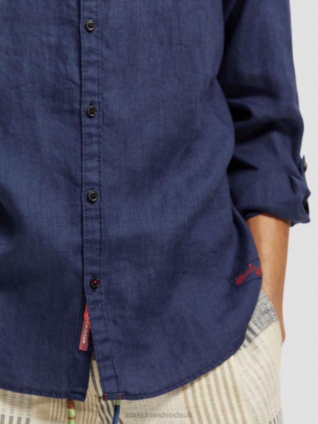 Scotch & Soda Men Linen Shirt With Sleeve Adjustments LP48HB289 Clothing Marine