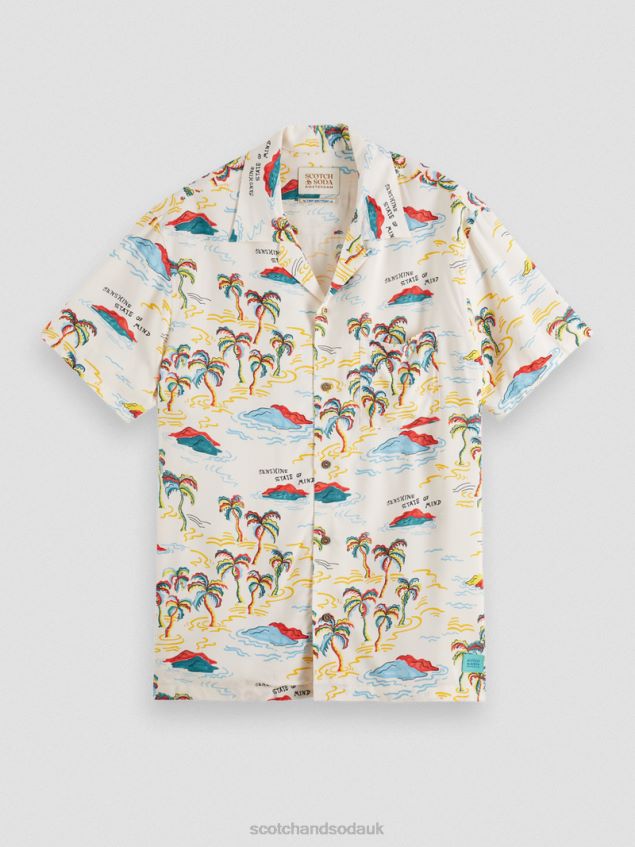 Scotch & Soda Men Printed Camp Shirt LP48HB305 Clothing White Palmtree Island Aop