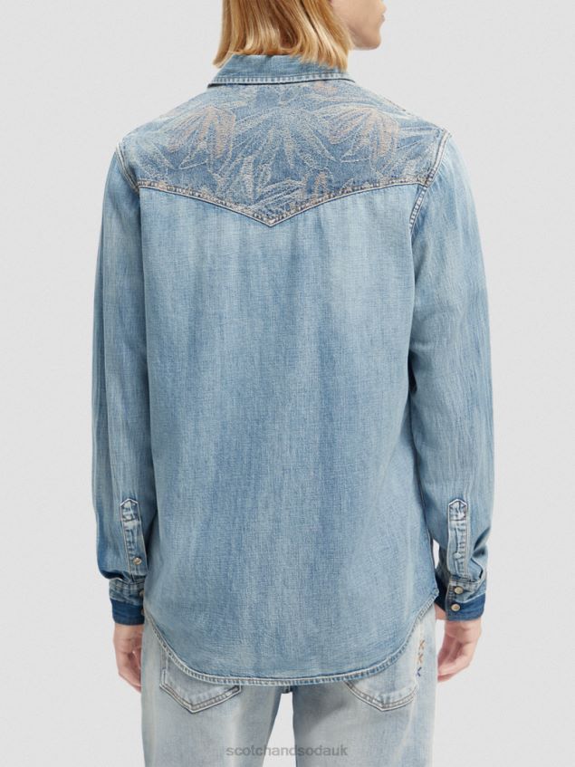 Scotch & Soda Men Regular Fit Repaired Denim Western Shirt LP48HB303 Clothing Washed Indigo