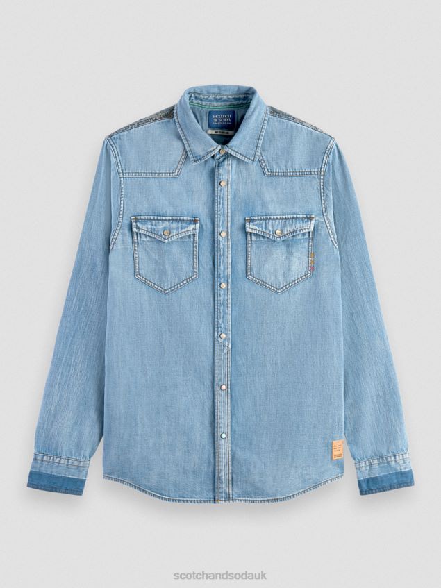 Scotch & Soda Men Regular Fit Repaired Denim Western Shirt LP48HB303 Clothing Washed Indigo