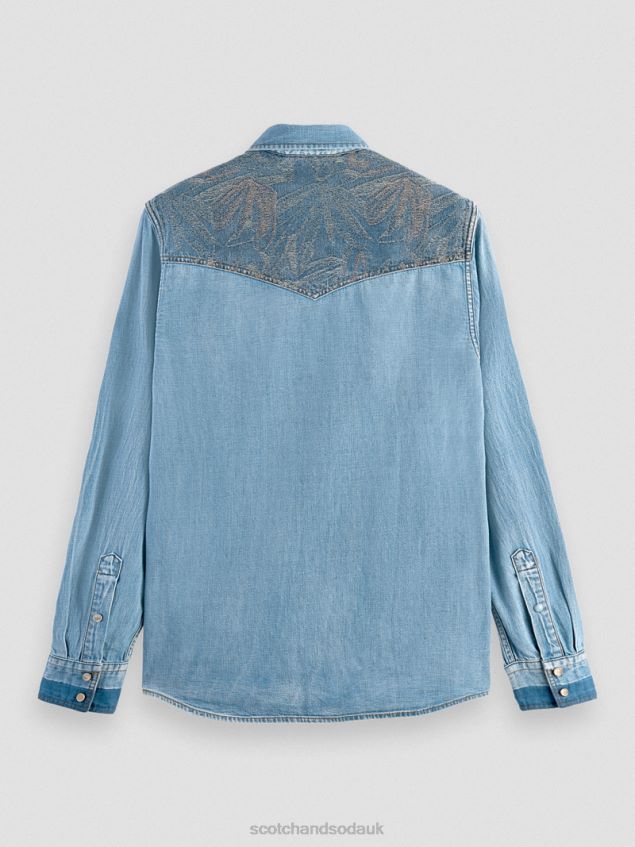 Scotch & Soda Men Regular Fit Repaired Denim Western Shirt LP48HB303 Clothing Washed Indigo