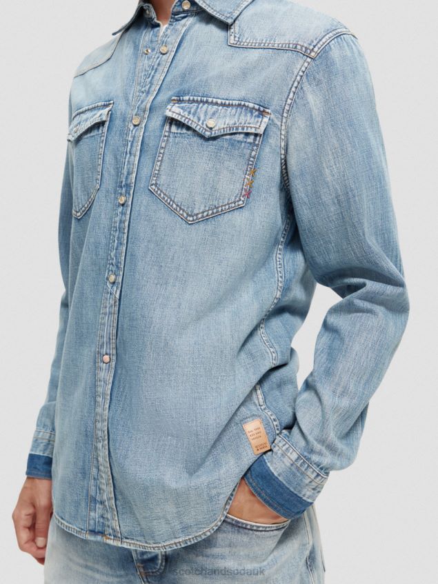 Scotch & Soda Men Regular Fit Repaired Denim Western Shirt LP48HB303 Clothing Washed Indigo