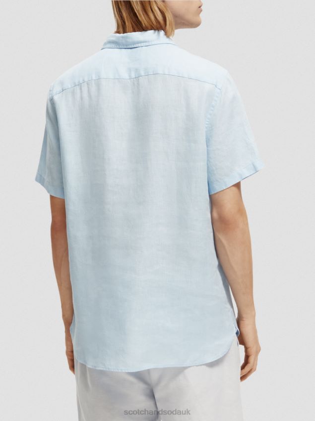 Scotch & Soda Men Short-Sleeved Pocketed Linen Shirt LP48HB339 Clothing Sky