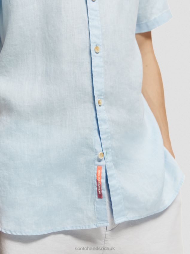Scotch & Soda Men Short-Sleeved Pocketed Linen Shirt LP48HB339 Clothing Sky