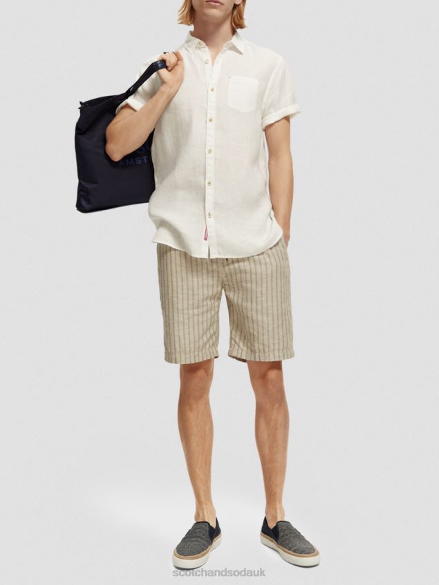 Scotch & Soda Men Short-Sleeved Pocketed Linen Shirt LP48HB340 Clothing White