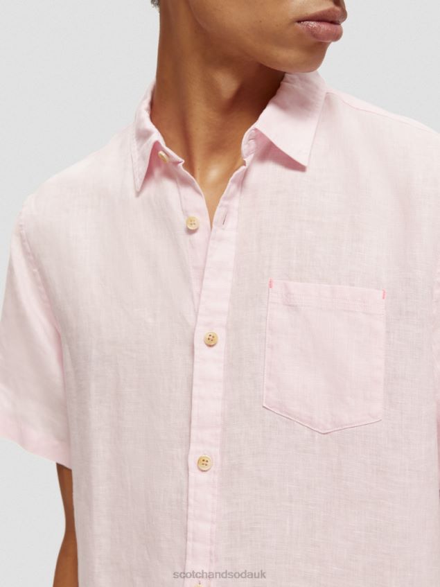 Scotch & Soda Men Short-Sleeved Pocketed Linen Shirt LP48HB342 Clothing Rose