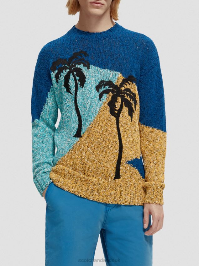 Scotch & Soda Men Colour-Block Artwork Crewneck Sweater LP48HB655 Clothing Multi Palmtrees