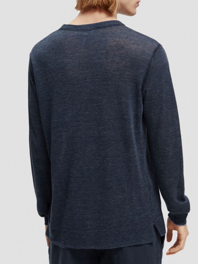 Scotch & Soda Men Linen-Blended Crewneck Sweater LP48HB651 Clothing Navy Melange