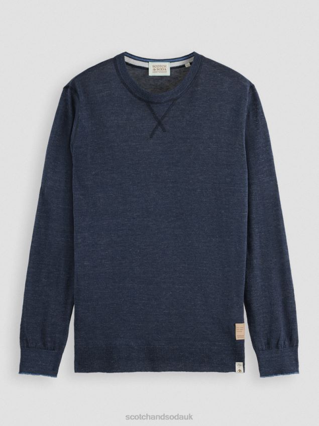 Scotch & Soda Men Linen-Blended Crewneck Sweater LP48HB651 Clothing Navy Melange