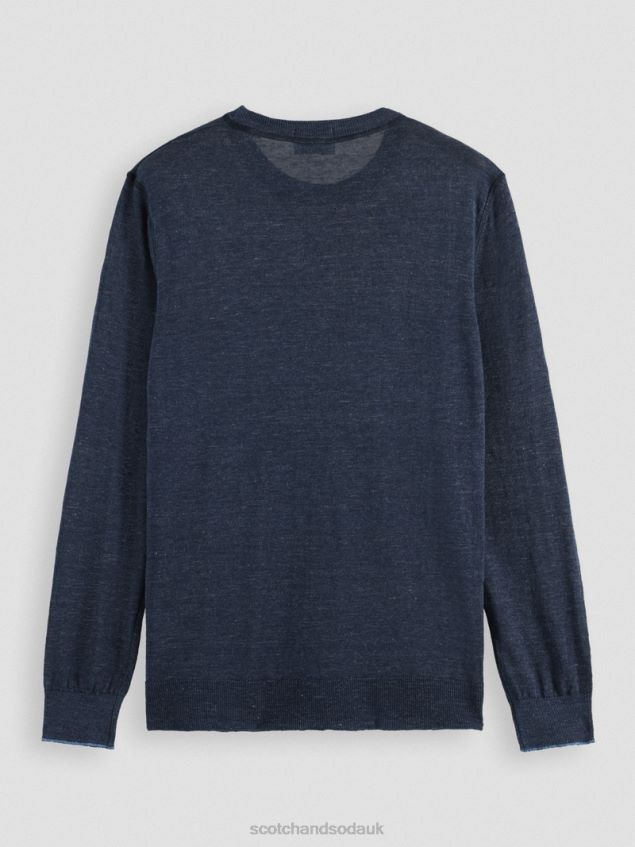 Scotch & Soda Men Linen-Blended Crewneck Sweater LP48HB651 Clothing Navy Melange