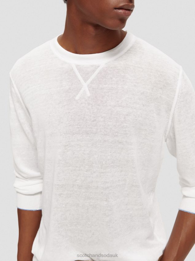 Scotch & Soda Men Linen-Blended Crewneck Sweater LP48HB652 Clothing White