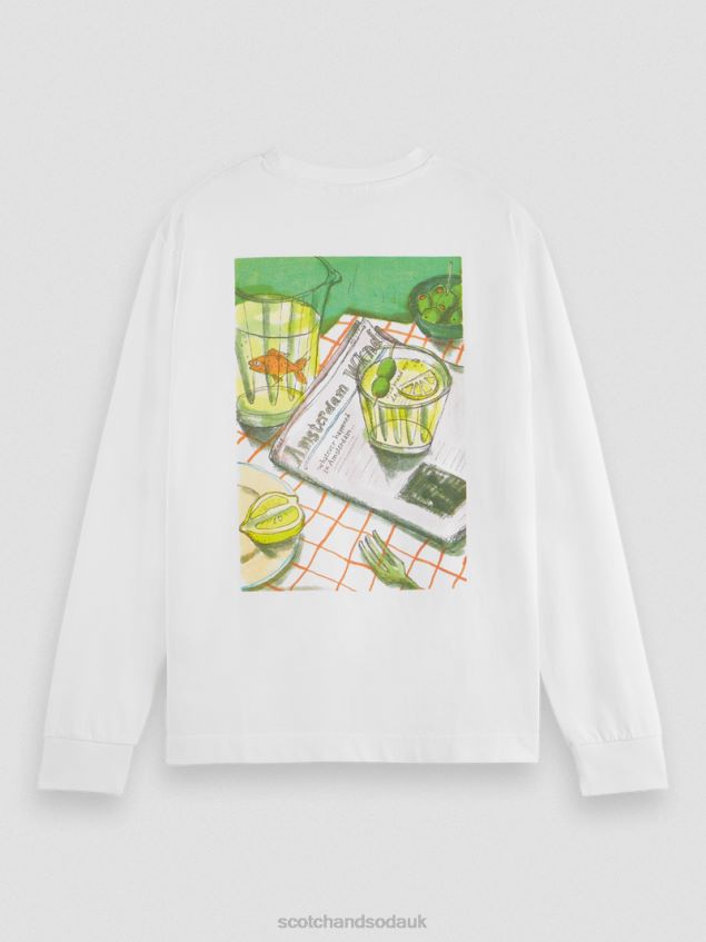 Scotch & Soda Men Long-Sleeved Artwork Organic Cotton T-Shirt LP48HB391 Clothing White