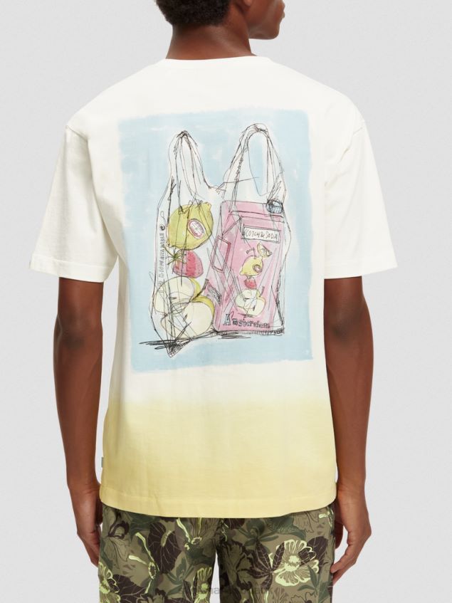 Scotch & Soda Men Relaxed Fit Dip-Dyed Artwork T-Shirt LP48HB418 Clothing White