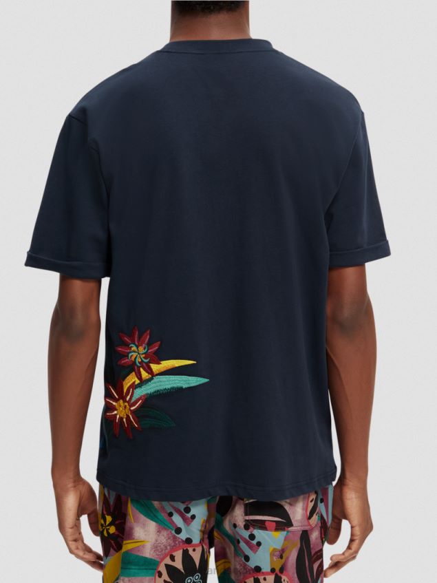 Scotch & Soda Men Relaxed Fit Organic Floral-Embroidered T-Shirt LP48HB352 Clothing Night