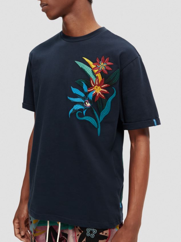 Scotch & Soda Men Relaxed Fit Organic Floral-Embroidered T-Shirt LP48HB352 Clothing Night
