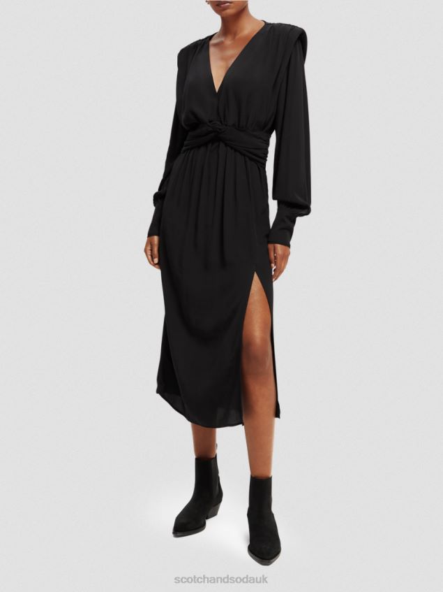 Scotch & Soda Women Long-Sleeved Belted V-Neck Midi Dress LP48HB39 Clothing Black