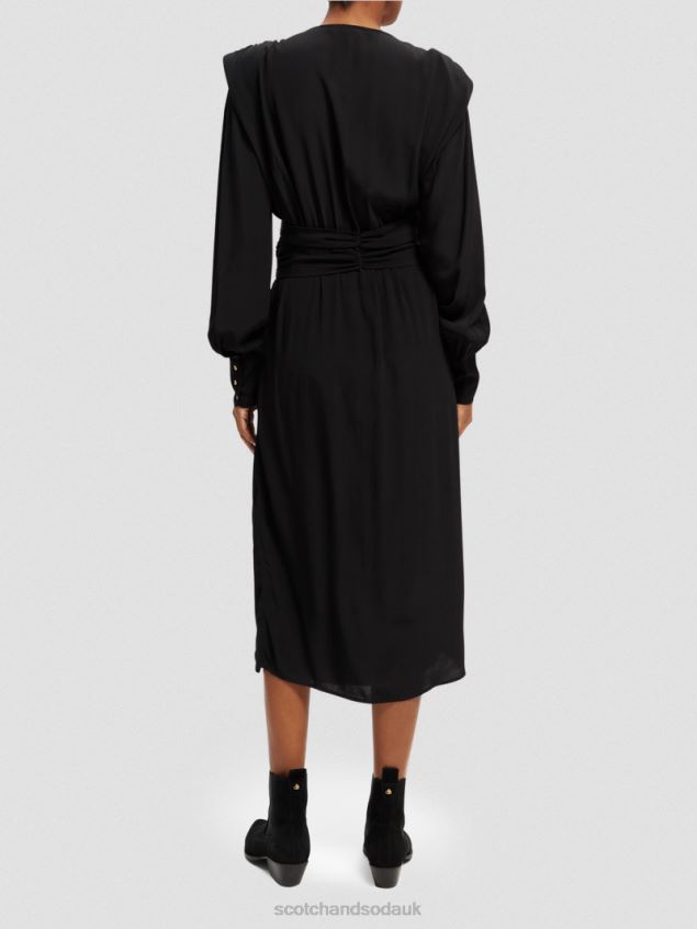 Scotch & Soda Women Long-Sleeved Belted V-Neck Midi Dress LP48HB39 Clothing Black