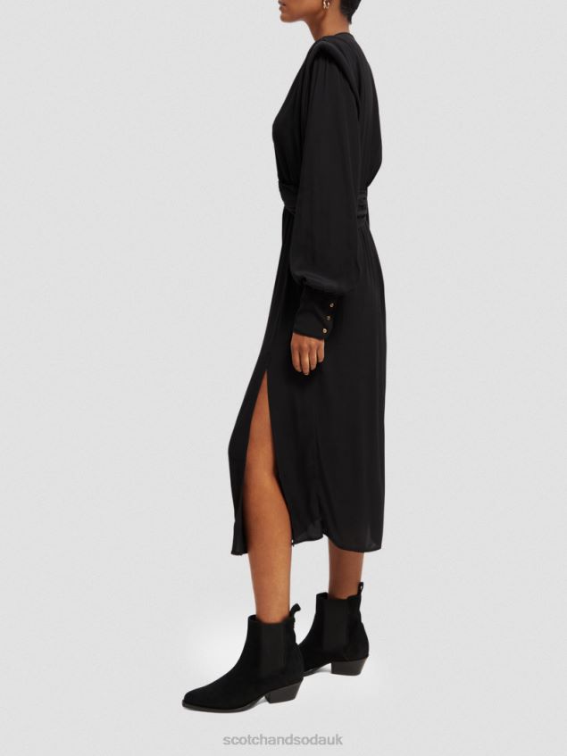 Scotch & Soda Women Long-Sleeved Belted V-Neck Midi Dress LP48HB39 Clothing Black