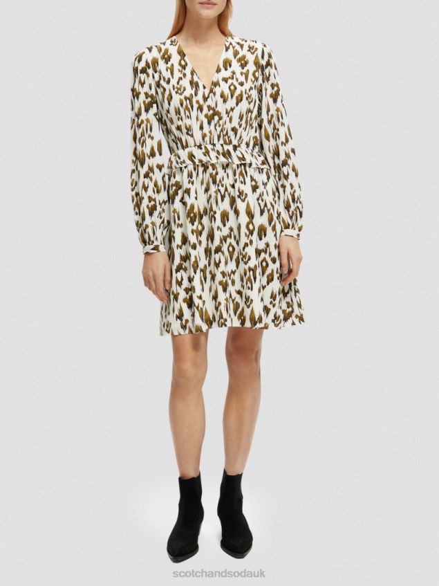 Scotch & Soda Women Long-Sleeved Printed V-Neck Mini Dress LP48HB27 Clothing Brushed Ikat Army Green