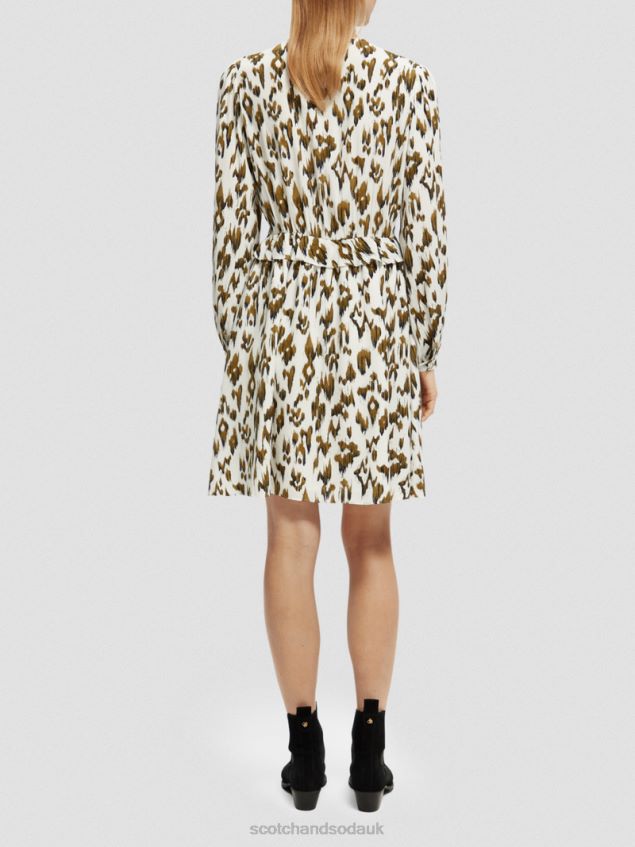 Scotch & Soda Women Long-Sleeved Printed V-Neck Mini Dress LP48HB27 Clothing Brushed Ikat Army Green