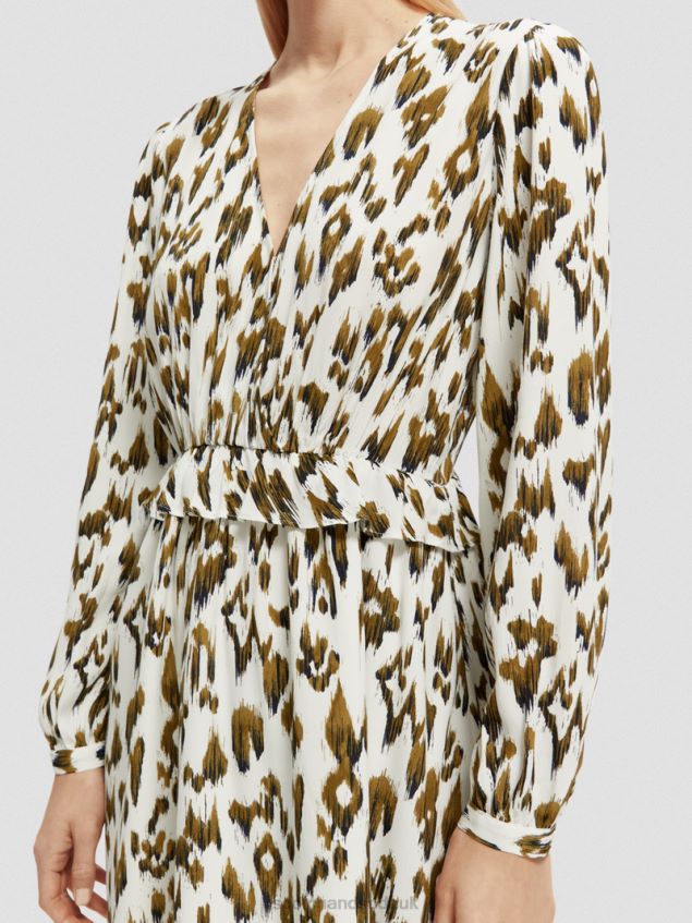 Scotch & Soda Women Long-Sleeved Printed V-Neck Mini Dress LP48HB27 Clothing Brushed Ikat Army Green