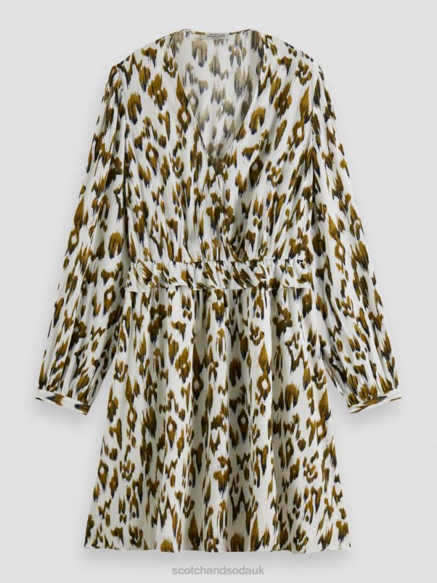 Scotch & Soda Women Long-Sleeved Printed V-Neck Mini Dress LP48HB27 Clothing Brushed Ikat Army Green