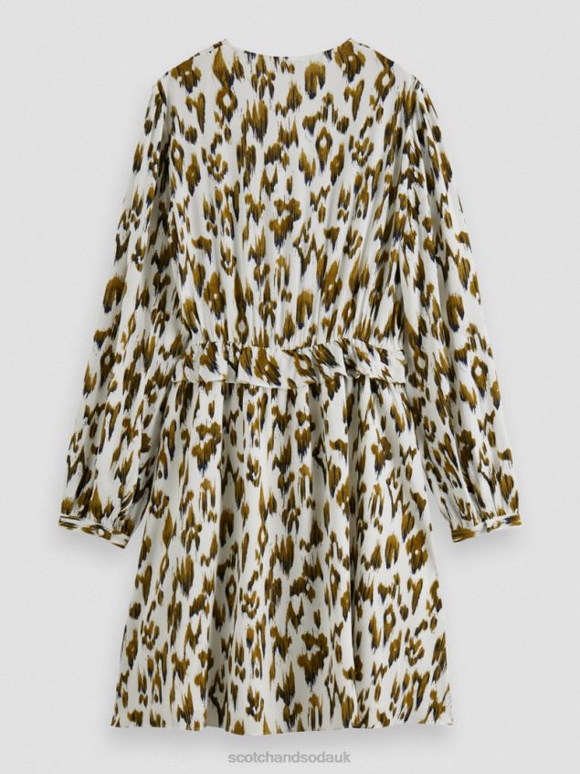 Scotch & Soda Women Long-Sleeved Printed V-Neck Mini Dress LP48HB27 Clothing Brushed Ikat Army Green