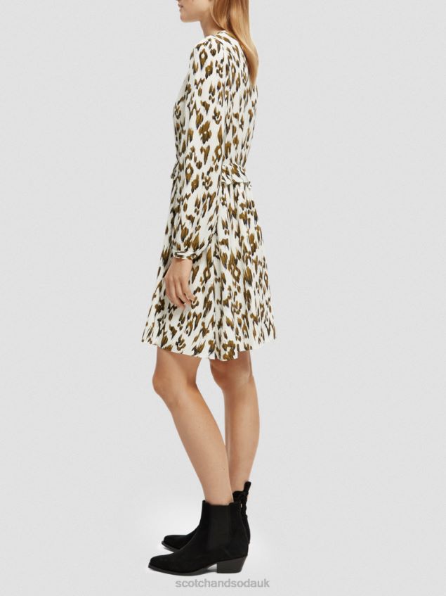 Scotch & Soda Women Long-Sleeved Printed V-Neck Mini Dress LP48HB27 Clothing Brushed Ikat Army Green