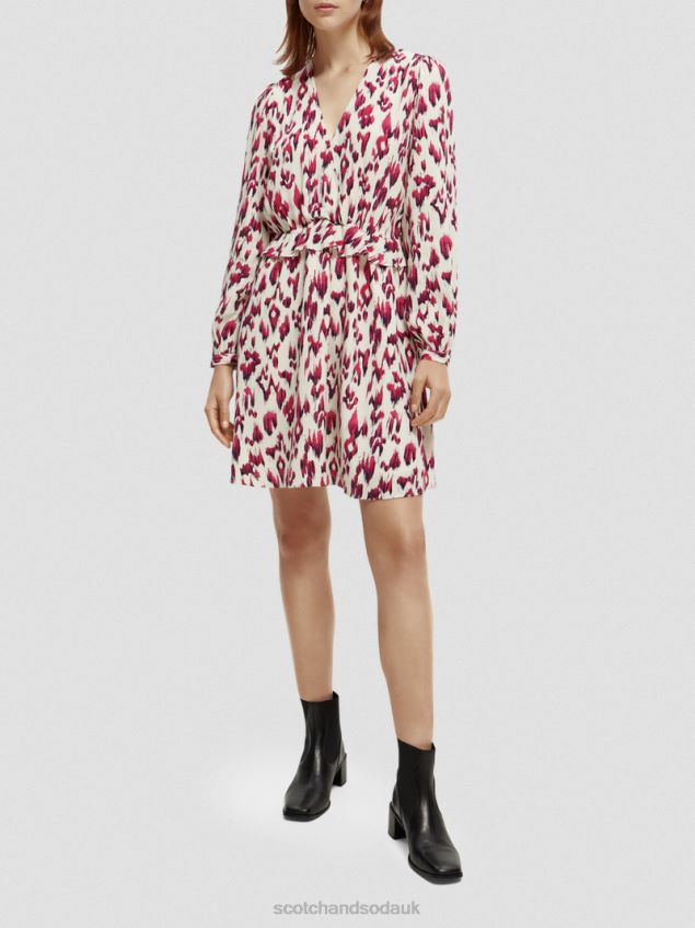 Scotch & Soda Women Long-Sleeved Printed V-Neck Mini Dress LP48HB28 Clothing Brushed Ikat Cherry Pie