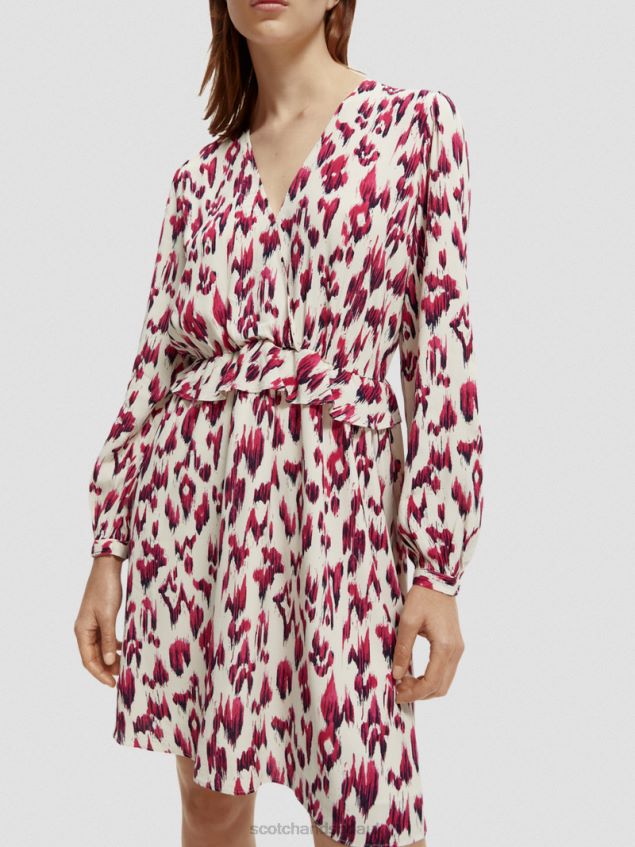 Scotch & Soda Women Long-Sleeved Printed V-Neck Mini Dress LP48HB28 Clothing Brushed Ikat Cherry Pie